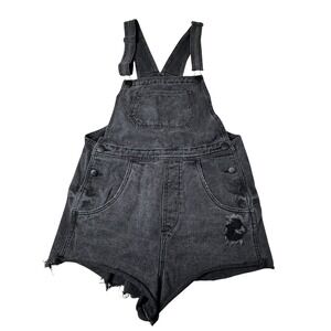 Black Denim Utility‎ Overalls Shorts Hemmed Adult Large Length 22"  blk
